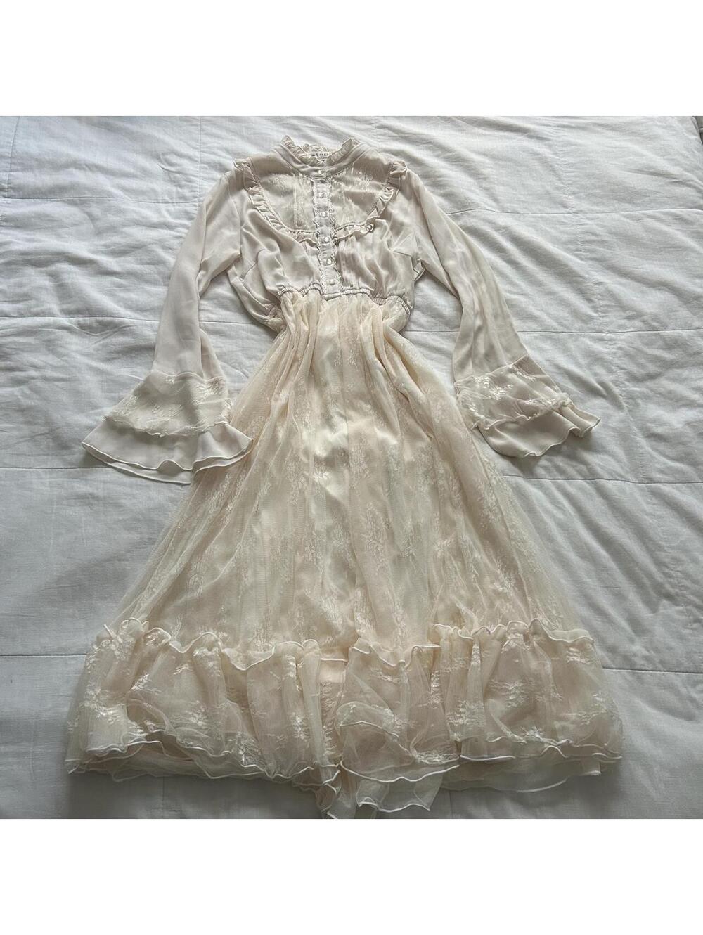 Axes Femme Ivory Cream Floral Lace Midi Dress Bell Sleeves Ruffle Hem Size M